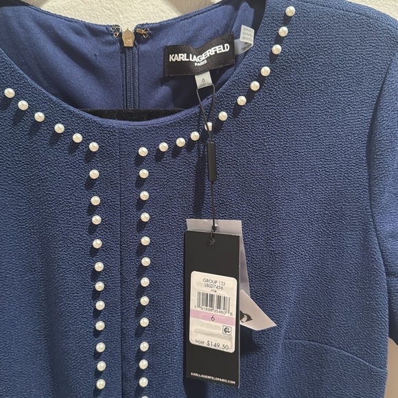 NWT Karl Lagerfeld Blue Sheath Mini Dress with Pearl Accents Size 6 - Picture 3 of 6